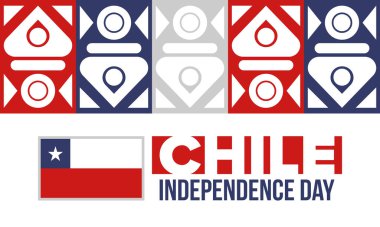 Şili Bağımsızlık Günü. Mutlu bayramlar Patrias. Özgürlük günü. Yıllığı 18 Eylül 'de kutlayın. Şili bayrağı. Vatansever Şili tasarımı. Poster, kart, afiş, şablon, geçmiş. Vektör