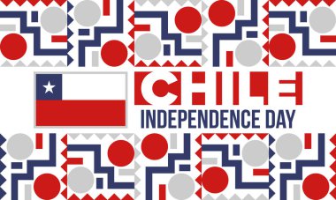 Şili Bağımsızlık Günü. Mutlu bayramlar Patrias. Özgürlük günü. Yıllığı 18 Eylül 'de kutlayın. Şili bayrağı. Vatansever Şili tasarımı. Poster, kart, afiş, şablon, geçmiş. Vektör