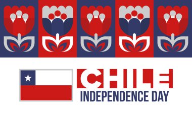 Şili Bağımsızlık Günü. Mutlu bayramlar Patrias. Özgürlük günü. Yıllığı 18 Eylül 'de kutlayın. Şili bayrağı. Vatansever Şili tasarımı. Poster, kart, afiş, şablon, geçmiş. Vektör