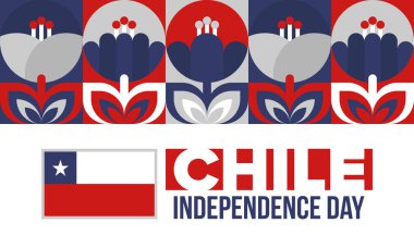 Şili Bağımsızlık Günü. Mutlu bayramlar Patrias. Özgürlük günü. Yıllığı 18 Eylül 'de kutlayın. Şili bayrağı. Vatansever Şili tasarımı. Poster, kart, afiş, şablon, geçmiş. Vektör