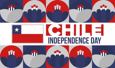 Şili Bağımsızlık Günü. Mutlu bayramlar Patrias. Özgürlük günü. Yıllığı 18 Eylül 'de kutlayın. Şili bayrağı. Vatansever Şili tasarımı. Poster, kart, afiş, şablon, geçmiş. Vektör