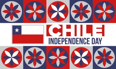 Şili Bağımsızlık Günü. Mutlu bayramlar Patrias. Özgürlük günü. Yıllığı 18 Eylül 'de kutlayın. Şili bayrağı. Vatansever Şili tasarımı. Poster, kart, afiş, şablon, geçmiş. Vektör