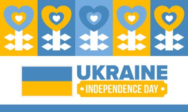 Ukraine Independence Day. National happy holiday, celebrated annual in August 24. Ukrainian flag. Blue and yellow. Patriotic elements. Poster, card, banner and background. Vector illustration