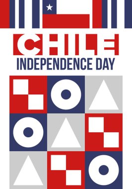 Şili Bağımsızlık Günü. Mutlu bayramlar Patrias. Özgürlük günü. Yıllığı 18 Eylül 'de kutlayın. Şili bayrağı. Vatansever Şili tasarımı. Poster, kart, afiş, şablon, geçmiş. Vektör