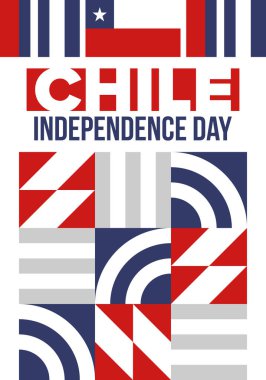 Şili Bağımsızlık Günü. Mutlu bayramlar Patrias. Özgürlük günü. Yıllığı 18 Eylül 'de kutlayın. Şili bayrağı. Vatansever Şili tasarımı. Poster, kart, afiş, şablon, geçmiş. Vektör