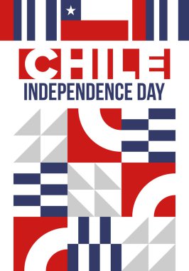 Şili Bağımsızlık Günü. Mutlu bayramlar Patrias. Özgürlük günü. Yıllığı 18 Eylül 'de kutlayın. Şili bayrağı. Vatansever Şili tasarımı. Poster, kart, afiş, şablon, geçmiş. Vektör