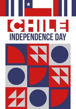 Şili Bağımsızlık Günü. Mutlu bayramlar Patrias. Özgürlük günü. Yıllığı 18 Eylül 'de kutlayın. Şili bayrağı. Vatansever Şili tasarımı. Poster, kart, afiş, şablon, geçmiş. Vektör