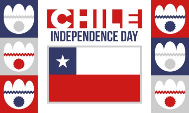 Şili Bağımsızlık Günü. Mutlu bayramlar Patrias. Özgürlük günü. Yıllığı 18 Eylül 'de kutlayın. Şili bayrağı. Vatansever Şili tasarımı. Poster, kart, afiş, şablon, geçmiş. Vektör