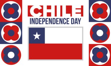 Şili Bağımsızlık Günü. Mutlu bayramlar Patrias. Özgürlük günü. Yıllığı 18 Eylül 'de kutlayın. Şili bayrağı. Vatansever Şili tasarımı. Poster, kart, afiş, şablon, geçmiş. Vektör