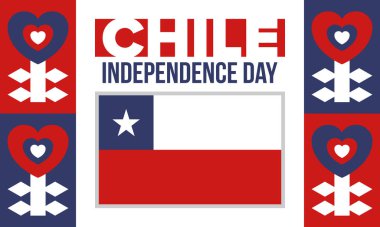 Şili Bağımsızlık Günü. Mutlu bayramlar Patrias. Özgürlük günü. Yıllığı 18 Eylül 'de kutlayın. Şili bayrağı. Vatansever Şili tasarımı. Poster, kart, afiş, şablon, geçmiş. Vektör
