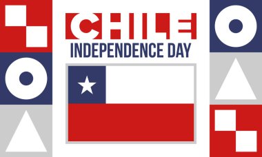 Şili Bağımsızlık Günü. Mutlu bayramlar Patrias. Özgürlük günü. Yıllığı 18 Eylül 'de kutlayın. Şili bayrağı. Vatansever Şili tasarımı. Poster, kart, afiş, şablon, geçmiş. Vektör