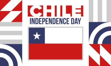 Şili Bağımsızlık Günü. Mutlu bayramlar Patrias. Özgürlük günü. Yıllığı 18 Eylül 'de kutlayın. Şili bayrağı. Vatansever Şili tasarımı. Poster, kart, afiş, şablon, geçmiş. Vektör