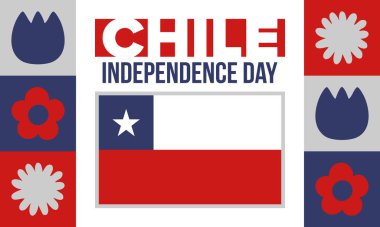 Şili Bağımsızlık Günü. Mutlu bayramlar Patrias. Özgürlük günü. Yıllığı 18 Eylül 'de kutlayın. Şili bayrağı. Vatansever Şili tasarımı. Poster, kart, afiş, şablon, geçmiş. Vektör