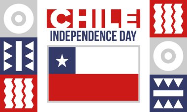 Şili Bağımsızlık Günü. Mutlu bayramlar Patrias. Özgürlük günü. Yıllığı 18 Eylül 'de kutlayın. Şili bayrağı. Vatansever Şili tasarımı. Poster, kart, afiş, şablon, geçmiş. Vektör
