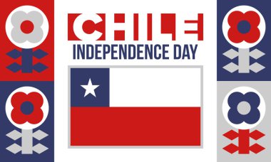 Şili Bağımsızlık Günü. Mutlu bayramlar Patrias. Özgürlük günü. Yıllığı 18 Eylül 'de kutlayın. Şili bayrağı. Vatansever Şili tasarımı. Poster, kart, afiş, şablon, geçmiş. Vektör