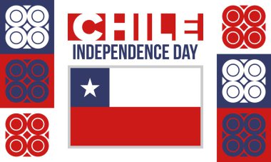 Şili Bağımsızlık Günü. Mutlu bayramlar Patrias. Özgürlük günü. Yıllığı 18 Eylül 'de kutlayın. Şili bayrağı. Vatansever Şili tasarımı. Poster, kart, afiş, şablon, geçmiş. Vektör