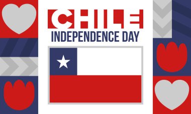 Şili Bağımsızlık Günü. Mutlu bayramlar Patrias. Özgürlük günü. Yıllığı 18 Eylül 'de kutlayın. Şili bayrağı. Vatansever Şili tasarımı. Poster, kart, afiş, şablon, geçmiş. Vektör