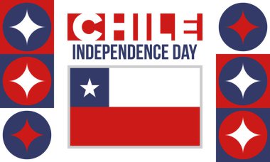 Şili Bağımsızlık Günü. Mutlu bayramlar Patrias. Özgürlük günü. Yıllığı 18 Eylül 'de kutlayın. Şili bayrağı. Vatansever Şili tasarımı. Poster, kart, afiş, şablon, geçmiş. Vektör