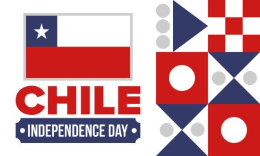 Şili Bağımsızlık Günü. Mutlu bayramlar Patrias. Özgürlük günü. Yıllığı 18 Eylül 'de kutlayın. Şili bayrağı. Vatansever Şili tasarımı. Poster, kart, afiş, şablon, geçmiş. Vektör