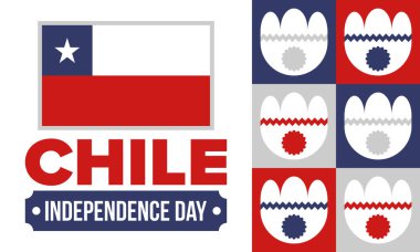 Şili Bağımsızlık Günü. Mutlu bayramlar Patrias. Özgürlük günü. Yıllığı 18 Eylül 'de kutlayın. Şili bayrağı. Vatansever Şili tasarımı. Poster, kart, afiş, şablon, geçmiş. Vektör