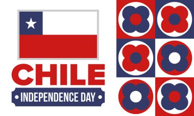Şili Bağımsızlık Günü. Mutlu bayramlar Patrias. Özgürlük günü. Yıllığı 18 Eylül 'de kutlayın. Şili bayrağı. Vatansever Şili tasarımı. Poster, kart, afiş, şablon, geçmiş. Vektör