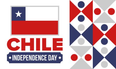 Şili Bağımsızlık Günü. Mutlu bayramlar Patrias. Özgürlük günü. Yıllığı 18 Eylül 'de kutlayın. Şili bayrağı. Vatansever Şili tasarımı. Poster, kart, afiş, şablon, geçmiş. Vektör
