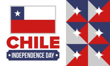 Şili Bağımsızlık Günü. Mutlu bayramlar Patrias. Özgürlük günü. Yıllığı 18 Eylül 'de kutlayın. Şili bayrağı. Vatansever Şili tasarımı. Poster, kart, afiş, şablon, geçmiş. Vektör