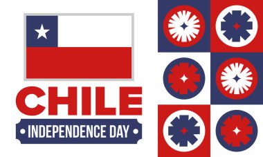 Şili Bağımsızlık Günü. Mutlu bayramlar Patrias. Özgürlük günü. Yıllığı 18 Eylül 'de kutlayın. Şili bayrağı. Vatansever Şili tasarımı. Poster, kart, afiş, şablon, geçmiş. Vektör