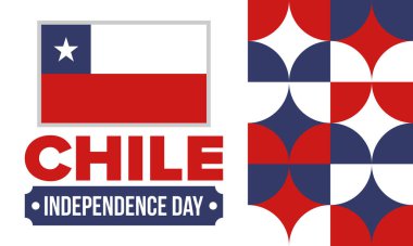 Şili Bağımsızlık Günü. Mutlu bayramlar Patrias. Özgürlük günü. Yıllığı 18 Eylül 'de kutlayın. Şili bayrağı. Vatansever Şili tasarımı. Poster, kart, afiş, şablon, geçmiş. Vektör