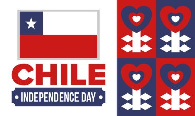Şili Bağımsızlık Günü. Mutlu bayramlar Patrias. Özgürlük günü. Yıllığı 18 Eylül 'de kutlayın. Şili bayrağı. Vatansever Şili tasarımı. Poster, kart, afiş, şablon, geçmiş. Vektör