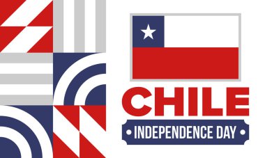 Şili Bağımsızlık Günü. Mutlu bayramlar Patrias. Özgürlük günü. Yıllığı 18 Eylül 'de kutlayın. Şili bayrağı. Vatansever Şili tasarımı. Poster, kart, afiş, şablon, geçmiş. Vektör