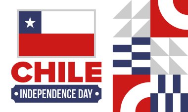 Şili Bağımsızlık Günü. Mutlu bayramlar Patrias. Özgürlük günü. Yıllığı 18 Eylül 'de kutlayın. Şili bayrağı. Vatansever Şili tasarımı. Poster, kart, afiş, şablon, geçmiş. Vektör