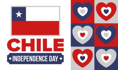 Şili Bağımsızlık Günü. Mutlu bayramlar Patrias. Özgürlük günü. Yıllığı 18 Eylül 'de kutlayın. Şili bayrağı. Vatansever Şili tasarımı. Poster, kart, afiş, şablon, geçmiş. Vektör