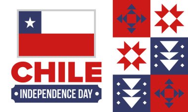 Şili Bağımsızlık Günü. Mutlu bayramlar Patrias. Özgürlük günü. Yıllığı 18 Eylül 'de kutlayın. Şili bayrağı. Vatansever Şili tasarımı. Poster, kart, afiş, şablon, geçmiş. Vektör