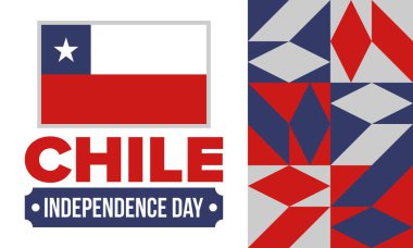 Şili Bağımsızlık Günü. Mutlu bayramlar Patrias. Özgürlük günü. Yıllığı 18 Eylül 'de kutlayın. Şili bayrağı. Vatansever Şili tasarımı. Poster, kart, afiş, şablon, geçmiş. Vektör