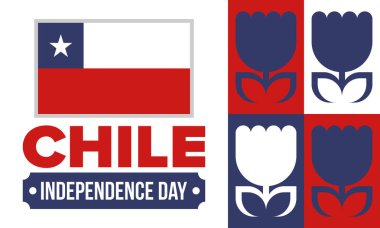Şili Bağımsızlık Günü. Mutlu bayramlar Patrias. Özgürlük günü. Yıllığı 18 Eylül 'de kutlayın. Şili bayrağı. Vatansever Şili tasarımı. Poster, kart, afiş, şablon, geçmiş. Vektör