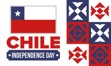 Şili Bağımsızlık Günü. Mutlu bayramlar Patrias. Özgürlük günü. Yıllığı 18 Eylül 'de kutlayın. Şili bayrağı. Vatansever Şili tasarımı. Poster, kart, afiş, şablon, geçmiş. Vektör