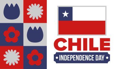 Şili Bağımsızlık Günü. Mutlu bayramlar Patrias. Özgürlük günü. Yıllığı 18 Eylül 'de kutlayın. Şili bayrağı. Vatansever Şili tasarımı. Poster, kart, afiş, şablon, geçmiş. Vektör