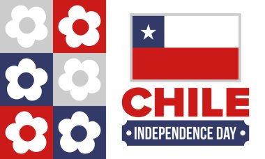 Şili Bağımsızlık Günü. Mutlu bayramlar Patrias. Özgürlük günü. Yıllığı 18 Eylül 'de kutlayın. Şili bayrağı. Vatansever Şili tasarımı. Poster, kart, afiş, şablon, geçmiş. Vektör