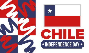 Şili Bağımsızlık Günü. Mutlu bayramlar Patrias. Özgürlük günü. Yıllığı 18 Eylül 'de kutlayın. Şili bayrağı. Vatansever Şili tasarımı. Poster, kart, afiş, şablon, geçmiş. Vektör