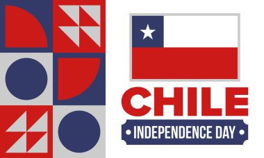 Şili Bağımsızlık Günü. Mutlu bayramlar Patrias. Özgürlük günü. Yıllığı 18 Eylül 'de kutlayın. Şili bayrağı. Vatansever Şili tasarımı. Poster, kart, afiş, şablon, geçmiş. Vektör