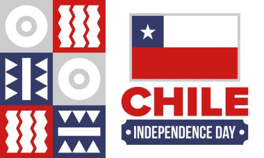 Şili Bağımsızlık Günü. Mutlu bayramlar Patrias. Özgürlük günü. Yıllığı 18 Eylül 'de kutlayın. Şili bayrağı. Vatansever Şili tasarımı. Poster, kart, afiş, şablon, geçmiş. Vektör