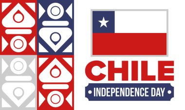 Şili Bağımsızlık Günü. Mutlu bayramlar Patrias. Özgürlük günü. Yıllığı 18 Eylül 'de kutlayın. Şili bayrağı. Vatansever Şili tasarımı. Poster, kart, afiş, şablon, geçmiş. Vektör