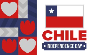 Şili Bağımsızlık Günü. Mutlu bayramlar Patrias. Özgürlük günü. Yıllığı 18 Eylül 'de kutlayın. Şili bayrağı. Vatansever Şili tasarımı. Poster, kart, afiş, şablon, geçmiş. Vektör