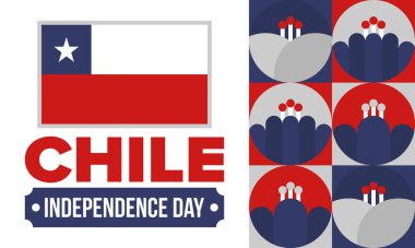 Şili Bağımsızlık Günü. Mutlu bayramlar Patrias. Özgürlük günü. Yıllığı 18 Eylül 'de kutlayın. Şili bayrağı. Vatansever Şili tasarımı. Poster, kart, afiş, şablon, geçmiş. Vektör
