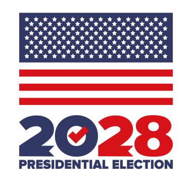 Oylar 2028 'e. Birleşik Devletler 'de 2028 Başkanlık Seçimi. Oylama günü, 7 Kasım. Amerikan Seçimleri. Vatansever Amerikan unsuru. Poster, kart, afiş ve geçmiş. Vektör illüstrasyonu