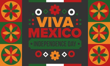 Yaşasın Meksika. Meksika Bağımsızlık Günü. İyi tatiller. Yıllığı 16 Eylül 'de kutlayın. Özgürlük günü. Vatansever Meksika tasarımı. Poster, kart, afiş, şablon, geçmiş. Vektör illüstrasyonu