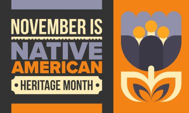 Kasım 'da Yerli Amerikan Mirası Ayı. Amerikan Kızılderili kültürü. Birleşik Devletler 'de yıllık kutlama. Gelenek kalıbı. Poster, kart, afiş ve geçmiş. Vektör süsü, illüstrasyon