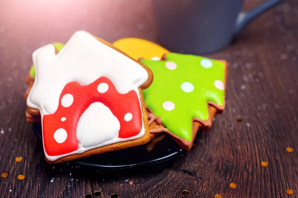 Christmas New Year Cookies Plate Wooden Table — Foto de Stock