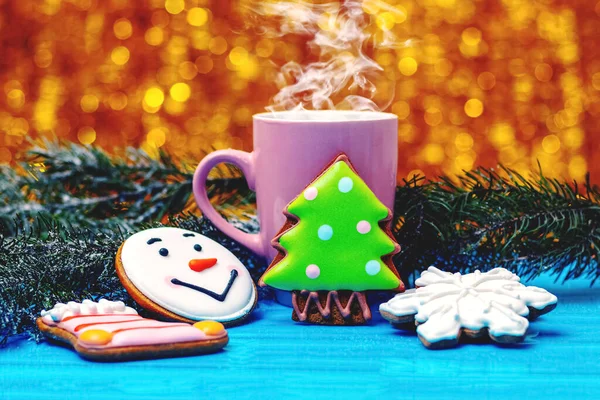 Christmas New Year Cookies Mug Hot Tea Coffee Fir Branches — Stock Photo, Image